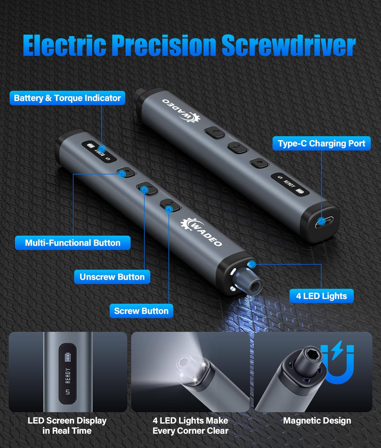 WADEO 78-en-1 Destornillador Eléctrico Mini de Precisión Inalámbrico, 5 Velocidades de Torque Ajustables + Modo Manual >5N·m, 72 Puntas Magnéticas S2, para Reloj/Gafas/Teléfono/Computadora/Drone RC