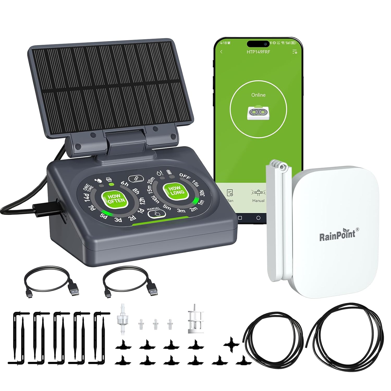 RAINPOINT Smart Automatic Watering System components including pump, solar panel, WiFi hub, and accessories.