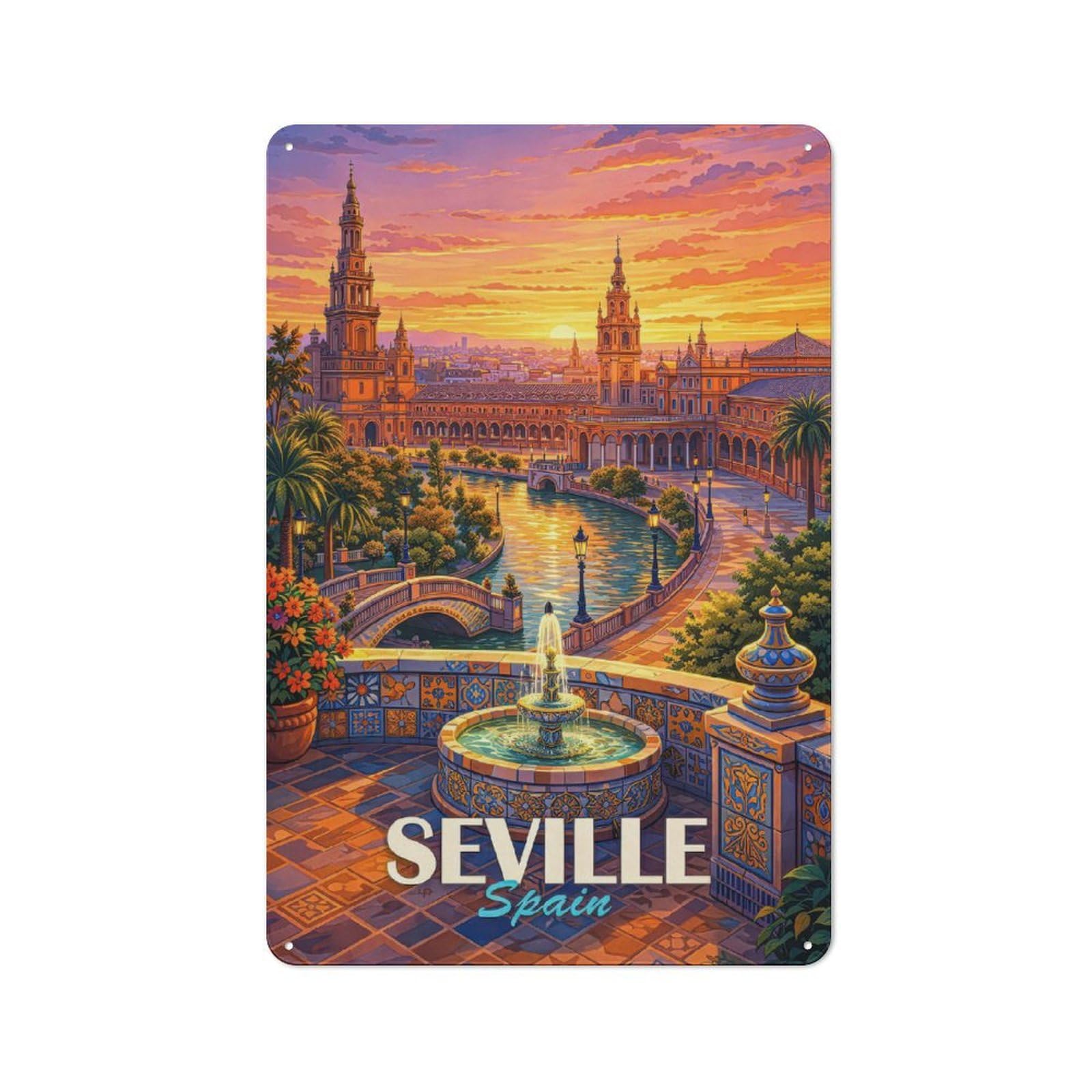 Junmoney Style-10 Seville Spain Travel Vintage Metal Wall Decor 30X20cm, Garden Room Metal Sign For Patio Bar, Workshop, Shed Or Kitchen