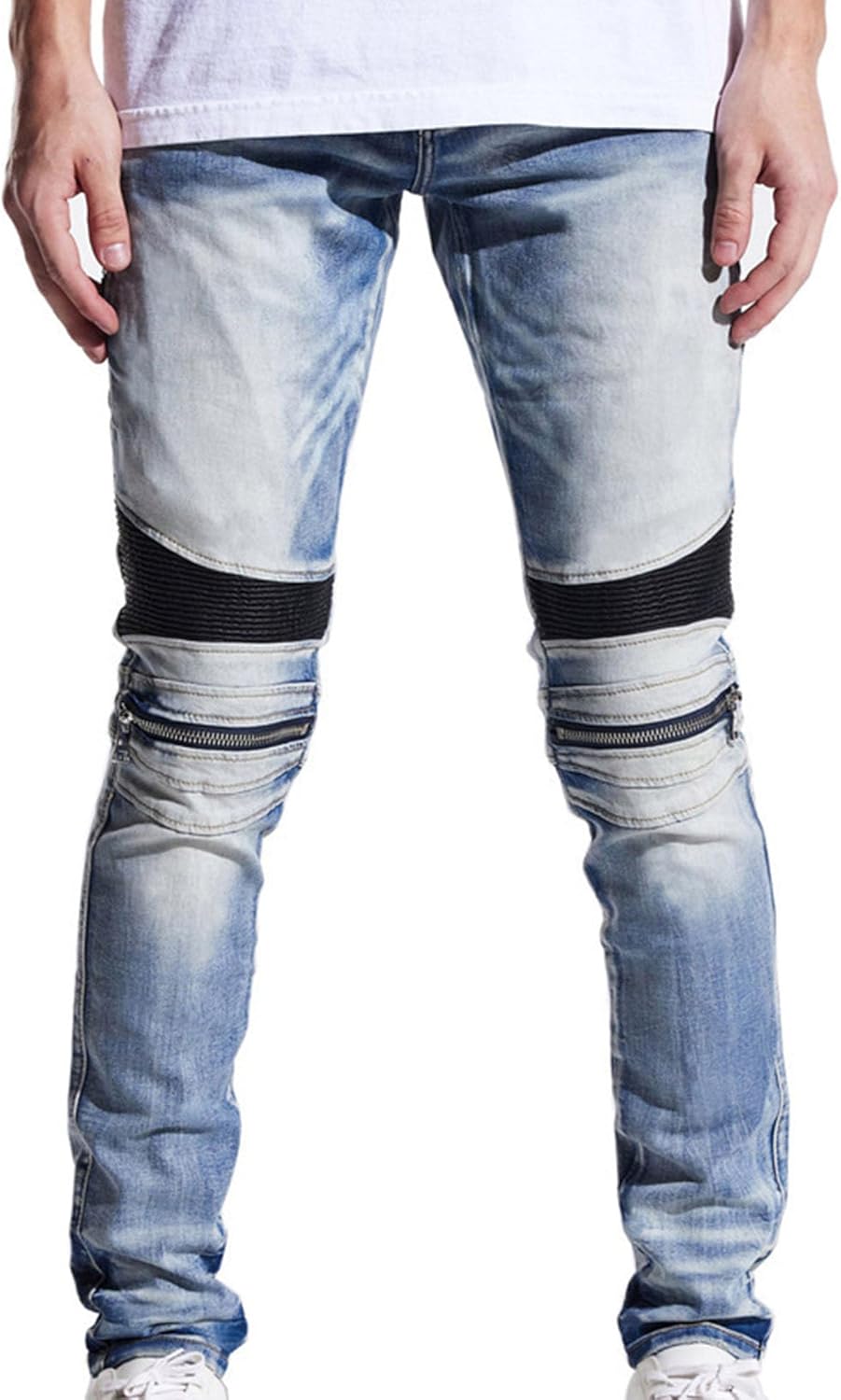 JEsilunmaMY Men's Pleated Skinny Biker Jeans Zipper Deco Hip Hop Stretchy Denim Pants Slim Fit Distressed Straight Fit Jeans