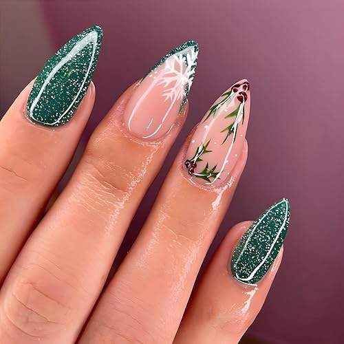 Christmas Press on Nails Almond Medium Fake Nails Green Glitter