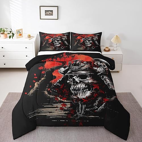 Erosebridal Juego de edredón tamaño individual samurái de estilo japonés para niños y adultos, juego de ropa de cama de calavera roja y negra,