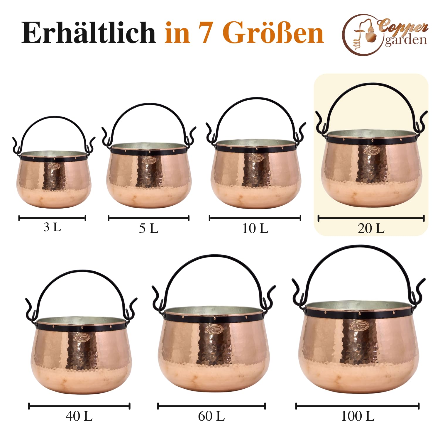 Chaudron en cuivre artisanal de 20 L, étamé - 'CopperGarden®'