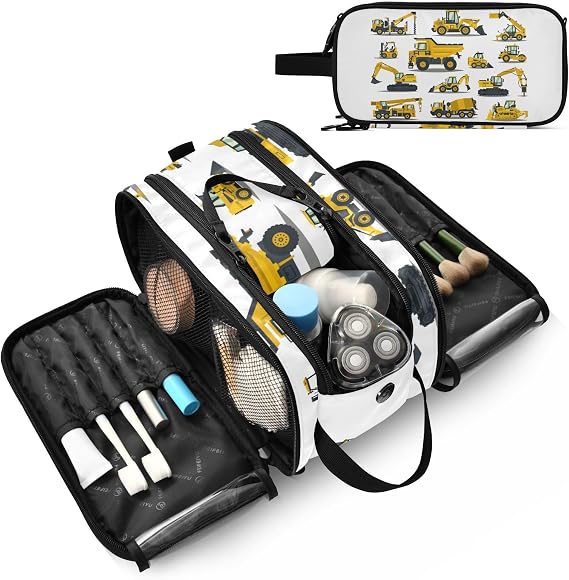 Yellow Construction Excavators, Tractors, Bulldozers, Trucks Women's Portable Makeup Bag with Handle, Cosmetic Bag, Travel Cosmetic Bag Durable Toiletry Storage Organizer 11 x 7 x 5.7 inch