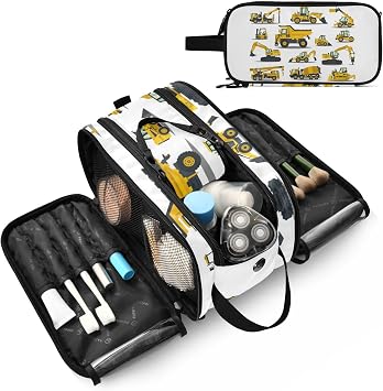 Yellow Construction Excavators, Tractors, Bulldozers, Trucks Women's Portable Makeup Bag with Handle, Cosmetic Bag, Travel Cosmetic Bag Durable Toiletry Storage Organizer 11 x 7 x 5.7 inch
