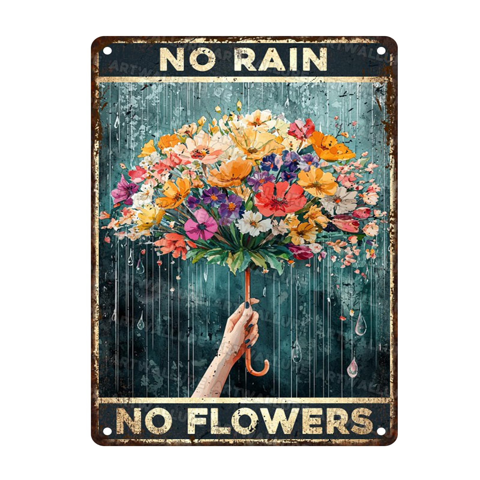 Vintage Metal Poster Umbrella No Rain No Flowers Rustic Wall Decor Tin Plaque Wall Art Rustic Farmhouse Tin Sign for Kitchen and Patio Decor 12x16inch