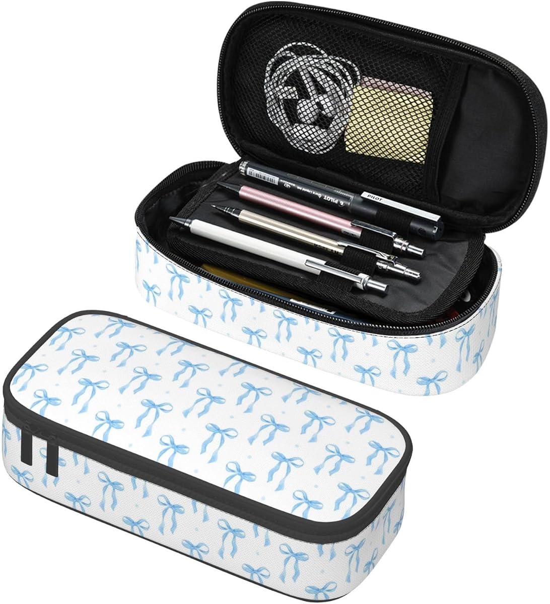 Blue Bow Large Pencil Case for Girls Boys, Pencil Pouch Pen Bag Kids Teen | Big Capacity with Flip Top Zipper Stationery Organizer Storage Back to School Supplies for School Office College Student