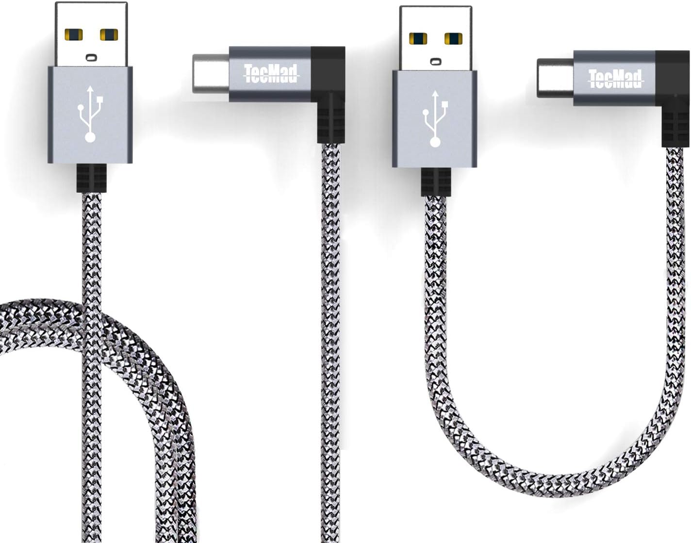 TecMad USB Type C Cable 90 Degree Plug usb C high speed Charge Nylon Braided Sync Cable For Samsung tab a7/s6 lite, Redmi note10/pro,Galaxy A12/A52/S21/FE/Ultra and More Devices -[Gray 0.25m+1.2m]