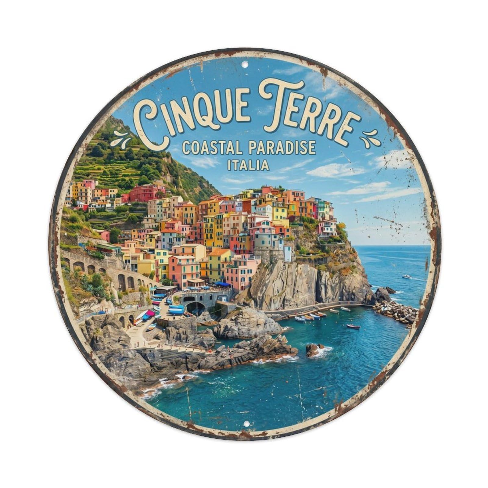 Vintage Travel Cinque Terre Italy Metal Tin Sign Plaque Wall Decor for Cafe, Club, Garden Round Metal Poster 8x8Inch