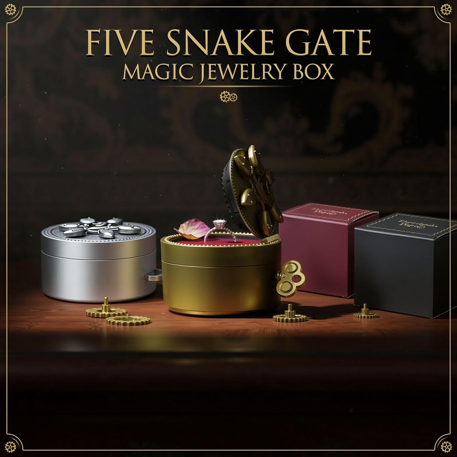 Valentine’s Day Gift Five Serpent Gate Magic Ring Box Jewelry Box with Ring Mechanical Small Ring Case for Movie Collectors for Party Decoration Birthday Christmas Gifts Gold - Image 5