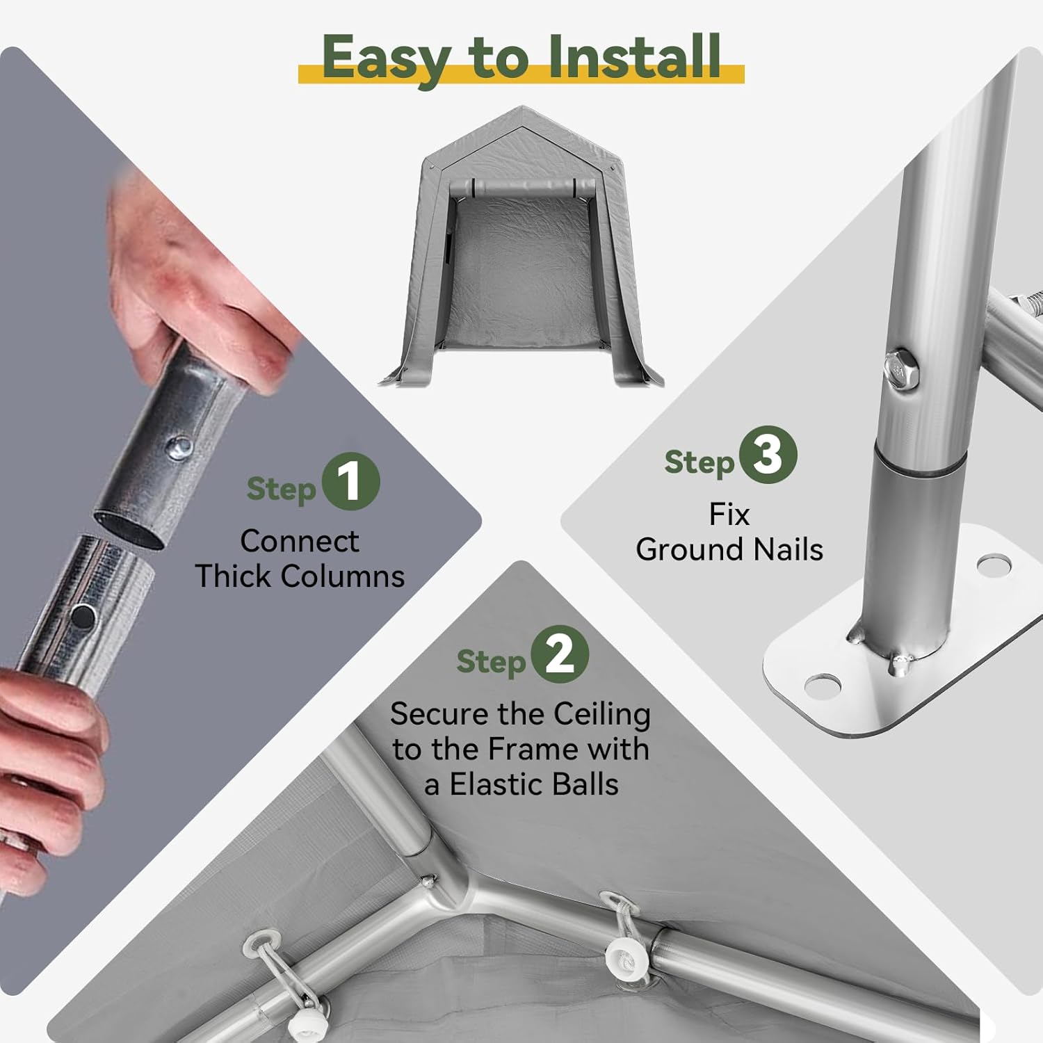 Aoxun 6x8x7 FT Outdoor Portable Storage Shed Tent with Roll-up Zipper Door and Window Portable Carport with Waterproof Tarp Galvanized Steel for Motorcycle, Generator, Bike Storage (Gray)