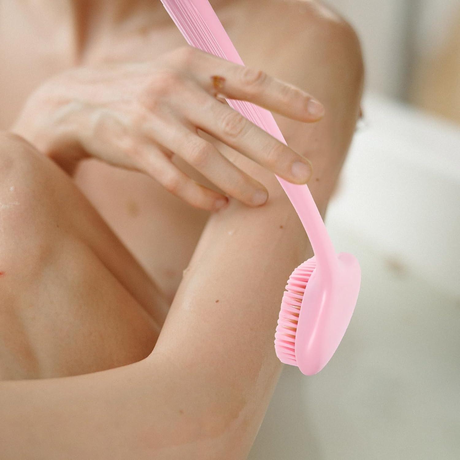 Back Scrubber Bath Brush with Long Handle, Soft Bristles Body Exfoliating Shower Scrubber for Men and Women, Pink Back Cleaner for Dry and Wet Skin Exfoliation