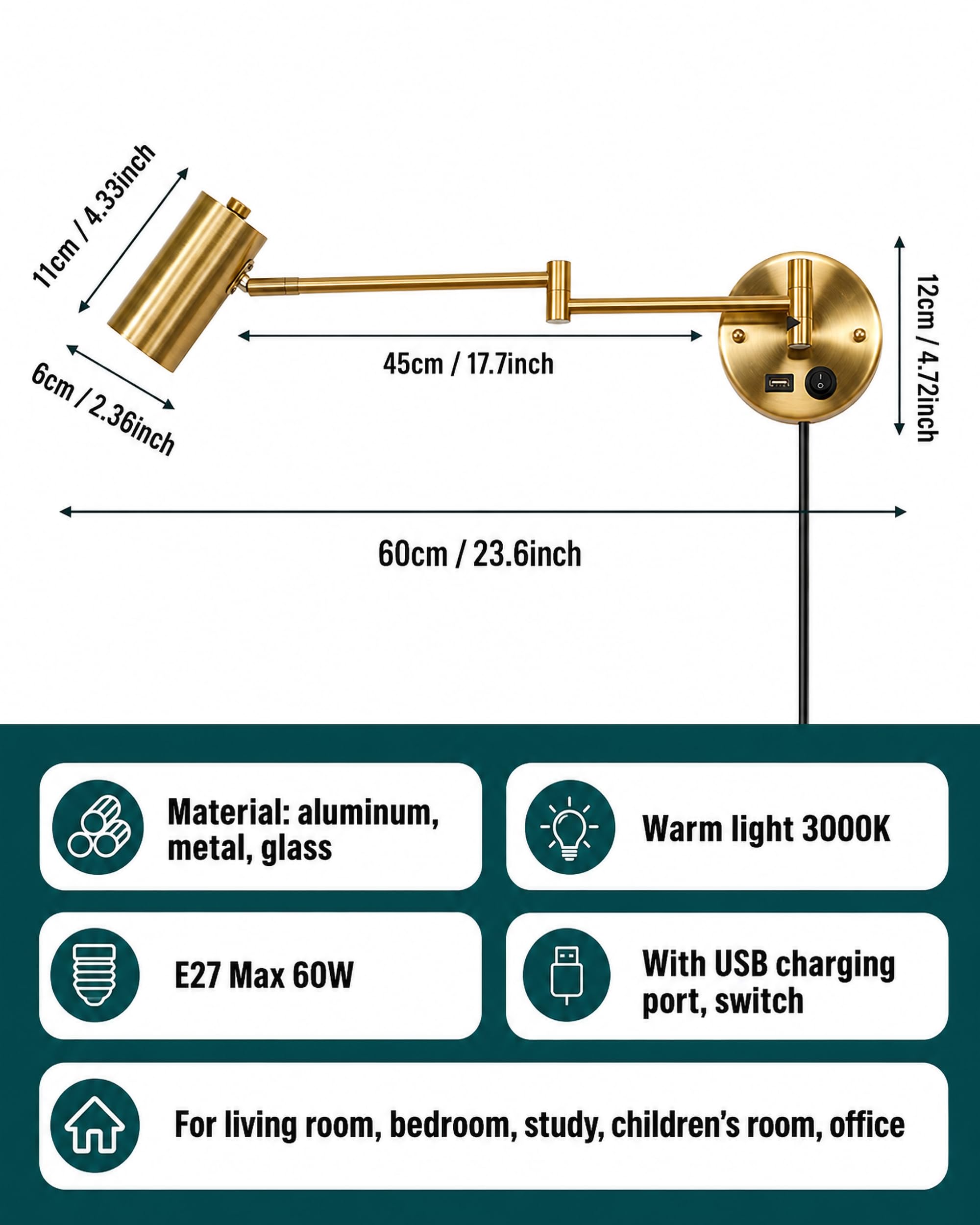 Wandleuchte mit Stecker und Schalter, Leselampe Wand Gold mit USB Ladeport, Schwenkarm Wandlampe E27 mit 150cm Kabel, 3000K Warmweiß Nachttischlampe für Schlafzimmer Wohnzimmer