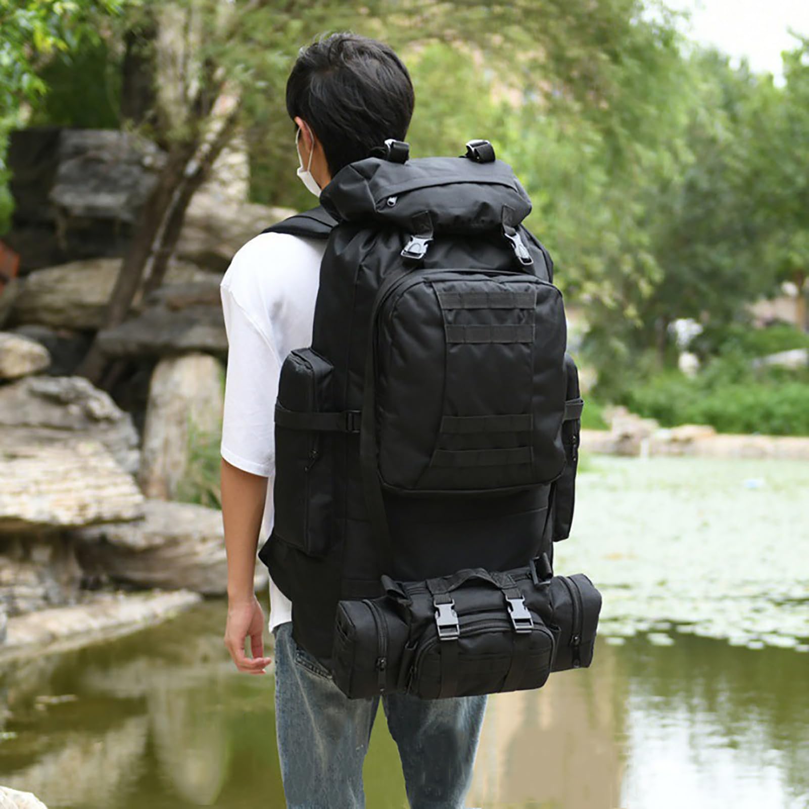 Wanderrucksack 80L - 100L Wandern Rucksack Herren Damen Wasserdichter Trekkingrucksack großer Reiserucksack Abnehmbare Outdoor Molle Taktischer Rucksack Für Bergsteigen Camping Reisen,Schwarz