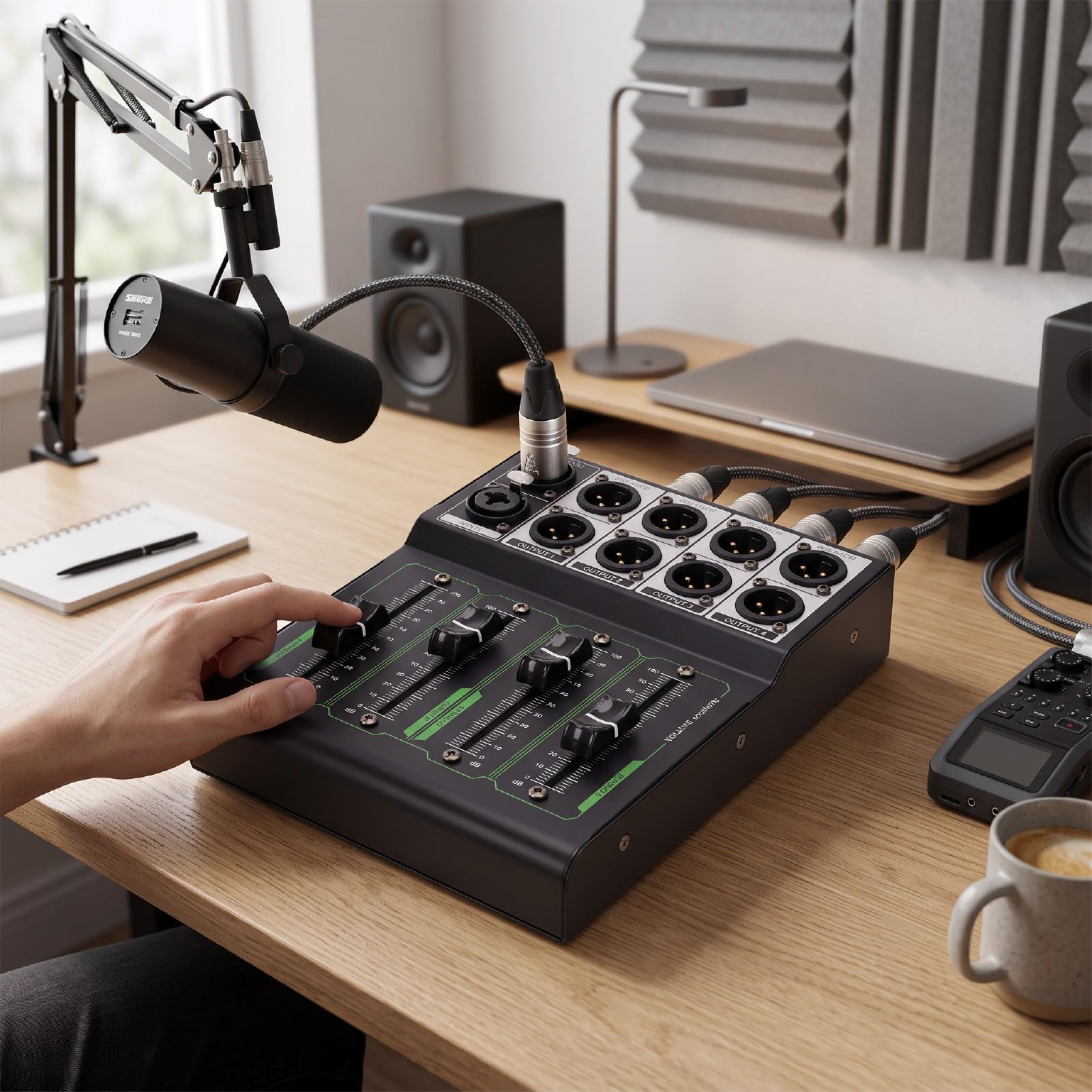 Bewinner Controller Volume Passivo Xlr per Mixer da Studio a 4 Canali | Corpo in metallo, fader da 70 mm, 1 ingresso 4 uscite, Home Theater, studio di registrazione