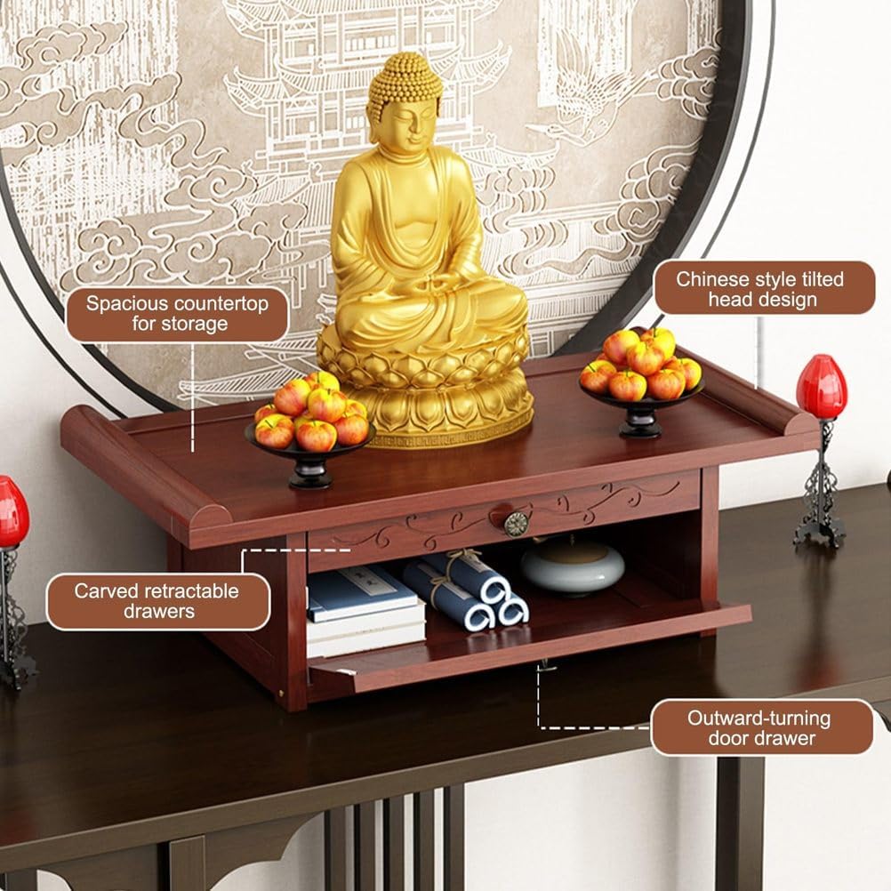 Prayer Meditation Table, Guanyin Display Pedestal Tables, Bamboo Buddhist Offering Niche for Pooja and Incense Tribute,Wood,15.7 * 11.8 * 7.5in