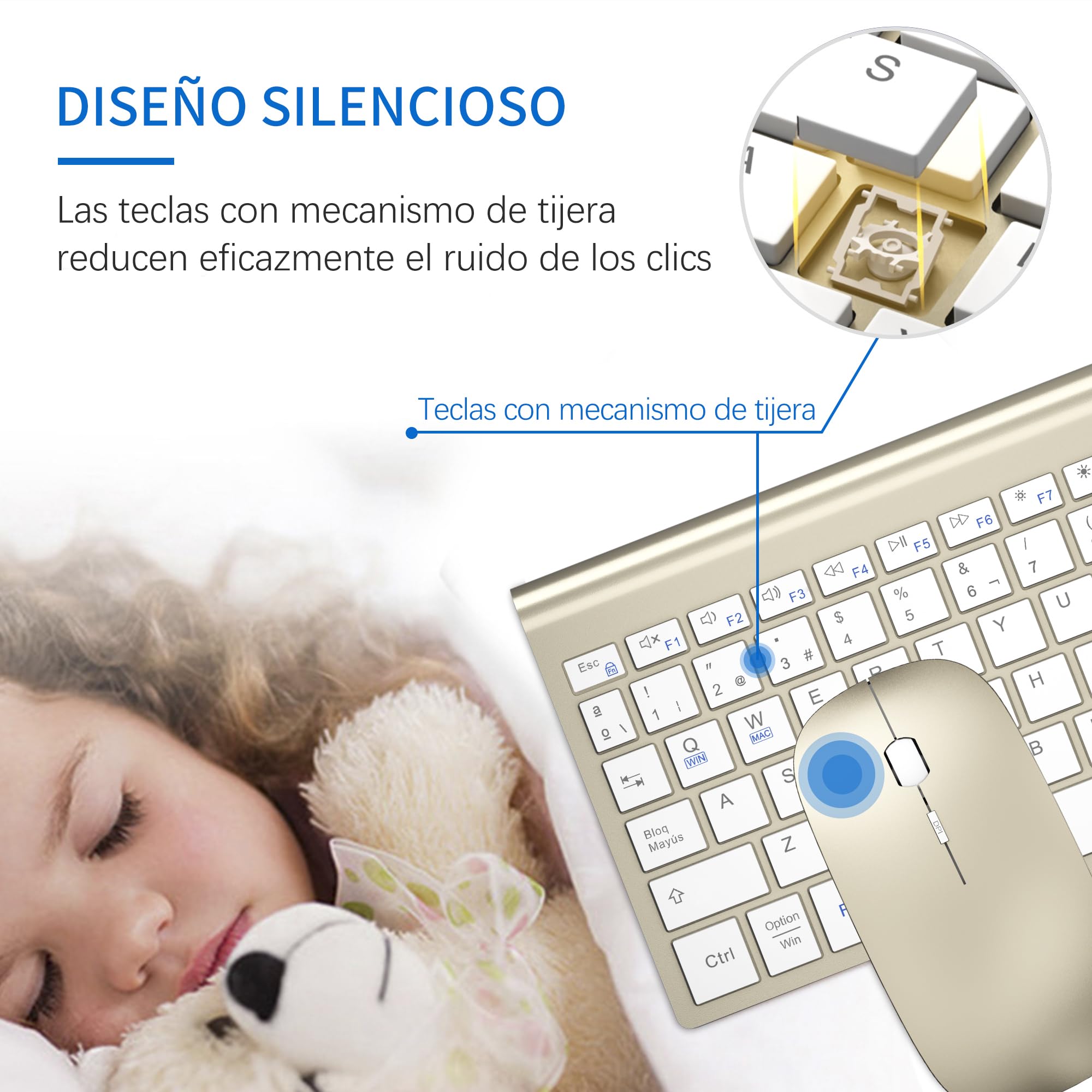 Combo Teclado y Ratón Inalámbrico Ultradelgado, Doble Sistema-Blanco Dorado