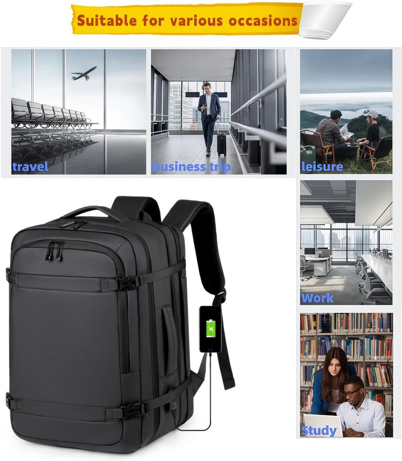 Extra Large 50L expandable travel laptop backpack Men Women,Airline Approved Carry On backpack,Business commuting backpack, water-resistant (Black)