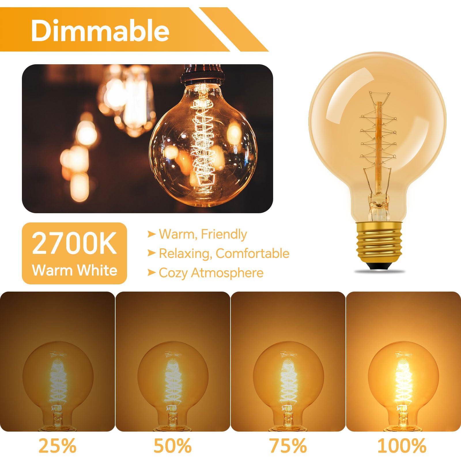 E27 Vintage Edison Light Bulbs Dimmable, Amber Glass Warm White 2700K, 600 Lumen, ES Edison Screw, G80 Globe Vintage Bulb - Image 3