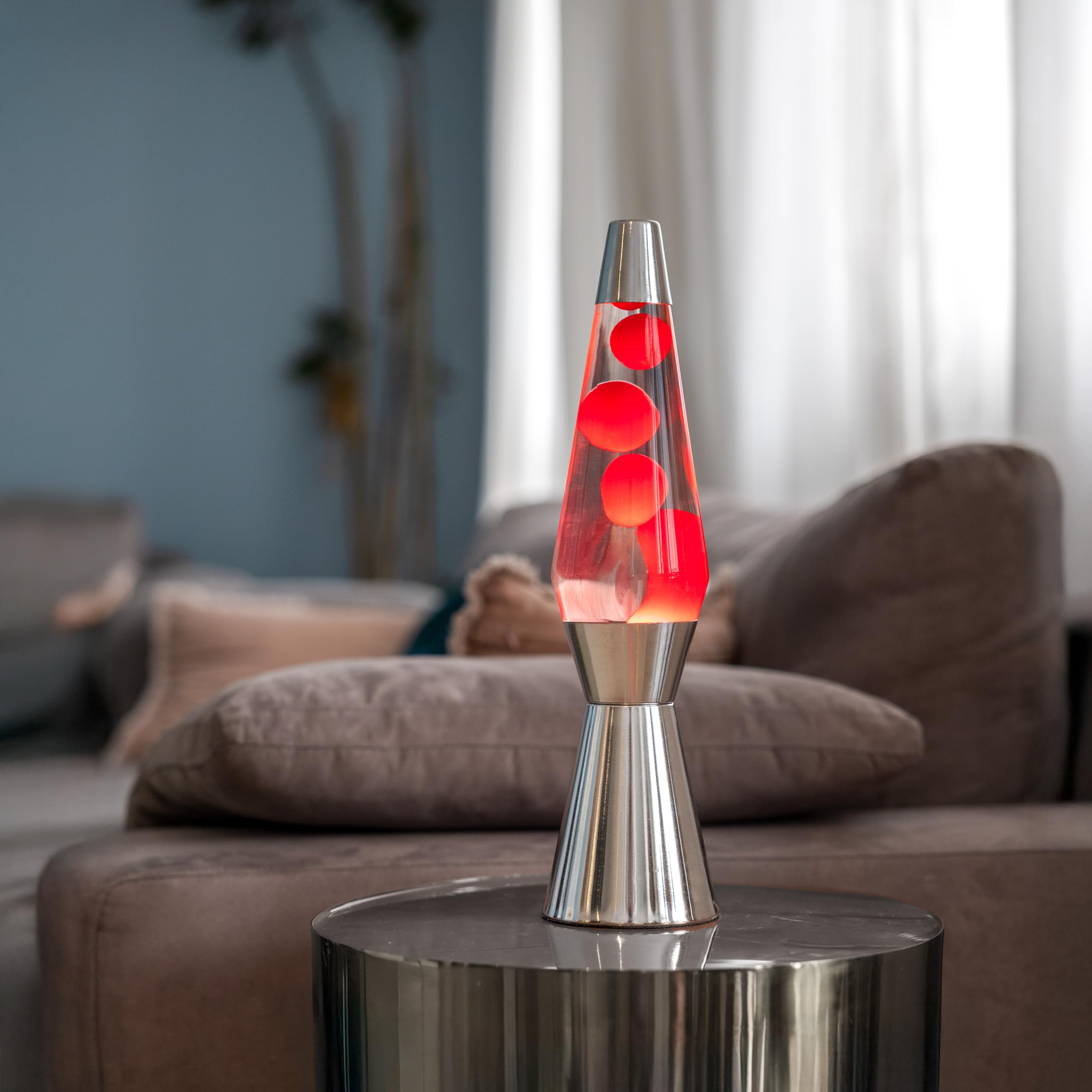 Fisura - Lampada lava rossa con base cromata, cera rossa e liquido trasparente. Design retrò con lampadina di ricambio. Dimensioni: 11,5 cm x 11,5 cm x 40 cm.