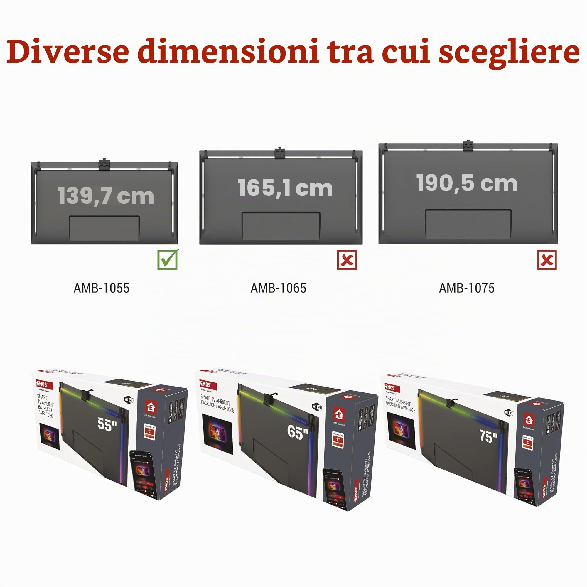 EMOS Retroilluminazione intelligente per TV da 55" (139 cm) - Tubi luminosi LED RGBIC rimovibili per TV con fotocamera - Luminosità 450 lm - Connettività WiFi, controllo tramite app