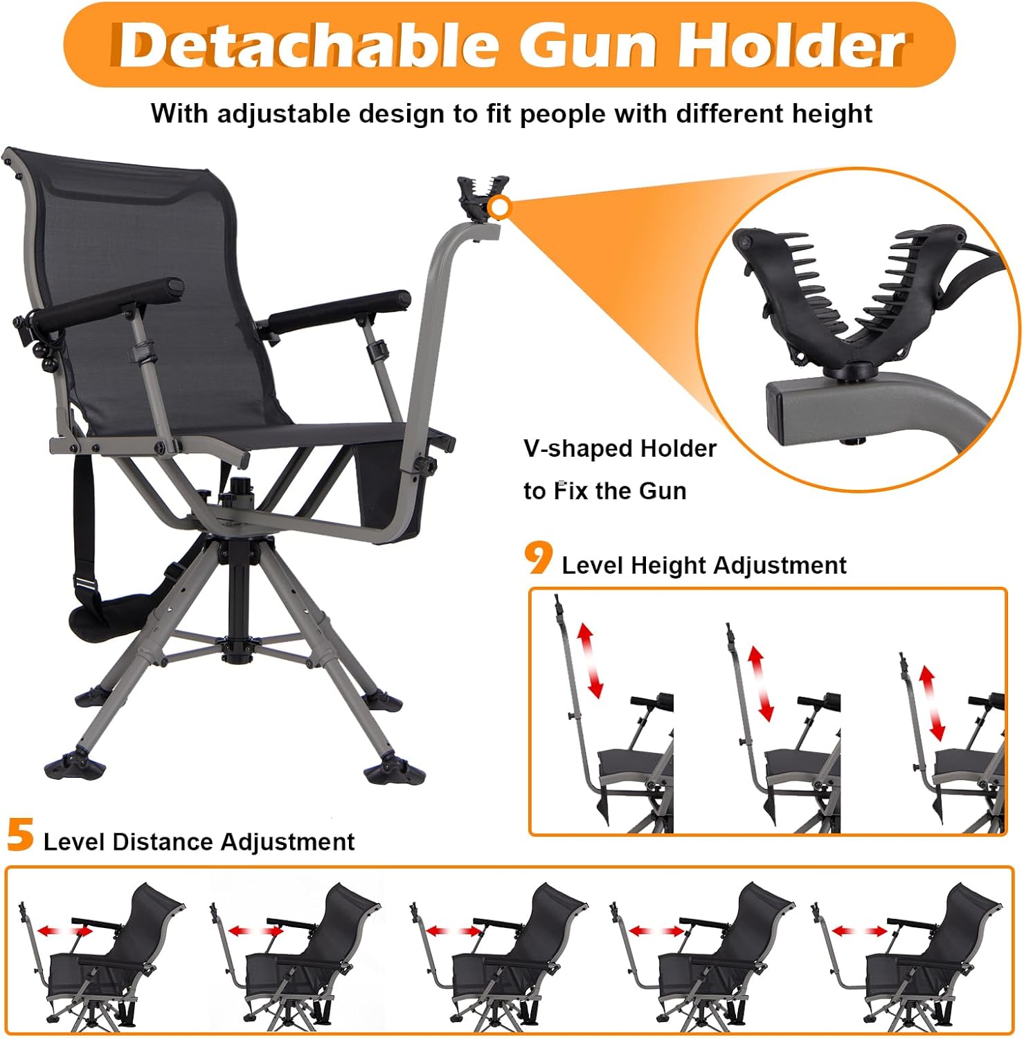 Tangkula Hunting Chair with Shooting Rest, 360° Swivel Hunting Seat with 4 Extendable Aluminum Legs, Adjustable Gun Rest, Portable Hunting Blind Chairs with Carrying Strap for Outdoor Activities