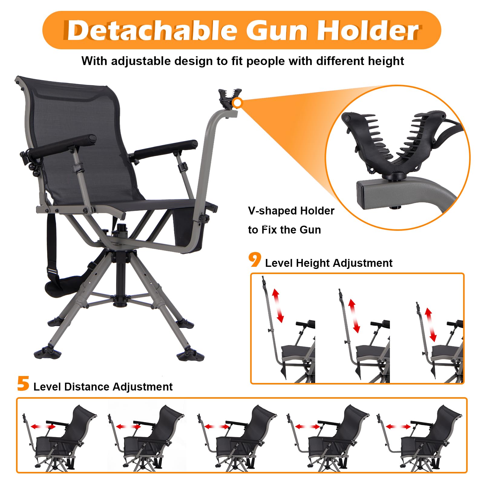 KOMFOTTEU Silla de Caza Giratoria 360°, Silla Plegable de Exterior con Soporte para Rifle Ajustable y Patas Ajustables, Asiento de Francotirador con Bolsillo de Transporte, Carga 150 kg (Modelo I)