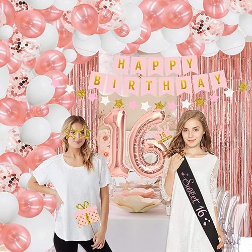 Miniatura 3 de Decoraciones de cumpleaños de 16 años con guirnalda de arco de globos, telón de fondo y accesorios para cabina de fotos, decoraciones de oro rosa,