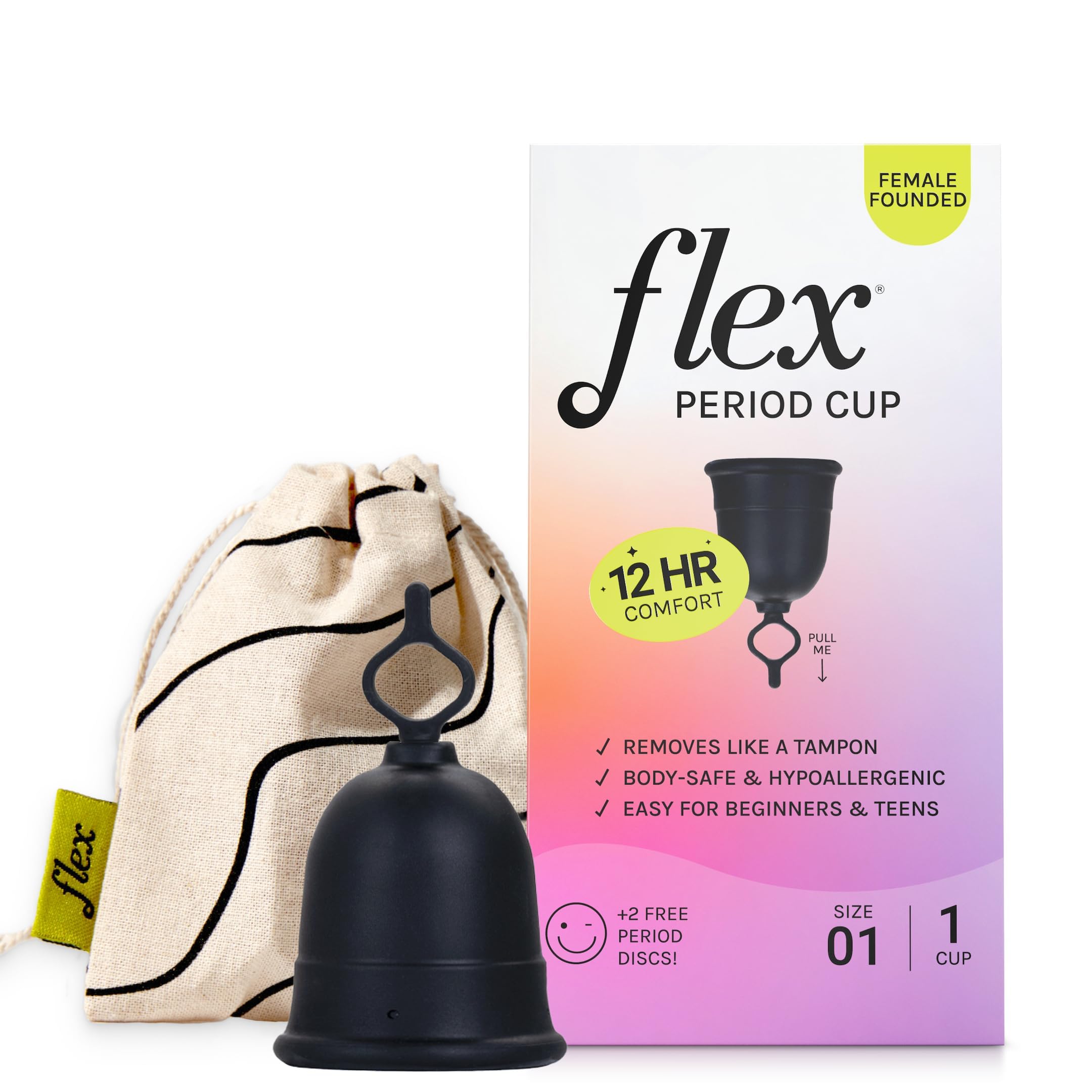 Flex Kit de iniciación de copa (ajuste completo, tamaño 01) | Copa menstrual reutilizable + 2 discos menstruales gratis | lengüeta de tracción para una fácil extracción | Alternativa a tampón +