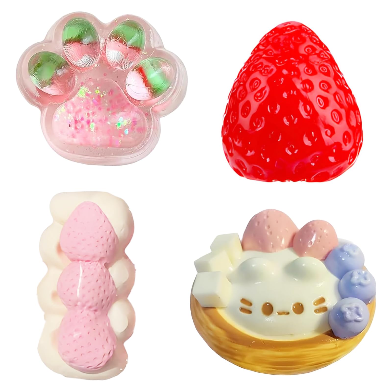 4PCS Taba Squishy Kit, Strawberry Sensory Toys Set, Strawberry Squishy Stress Relief Fidget Toys, Taba Squishy Strawberry Fun Pack With Egg Tart, Cat Paw & Cream Stick, Soft Squeeze Toys for All Ages