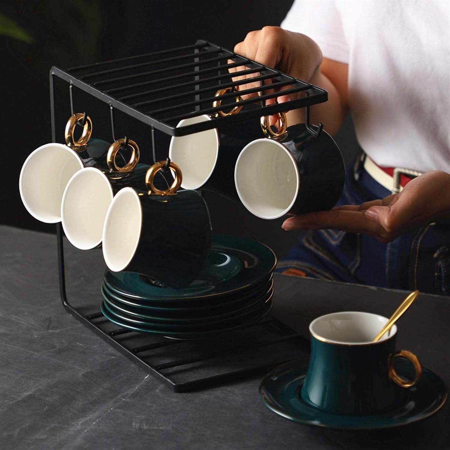 Coffee Mugs Tea Cup, Milk Cup Ceramics Cup Saucer Set Porcelain Tea Cup Set Coffee Cup Saucer Set 7.4 Oz China Tea Cup with Display Stand, Set of 6 for, Coffee, Soup, Tea, Cerea