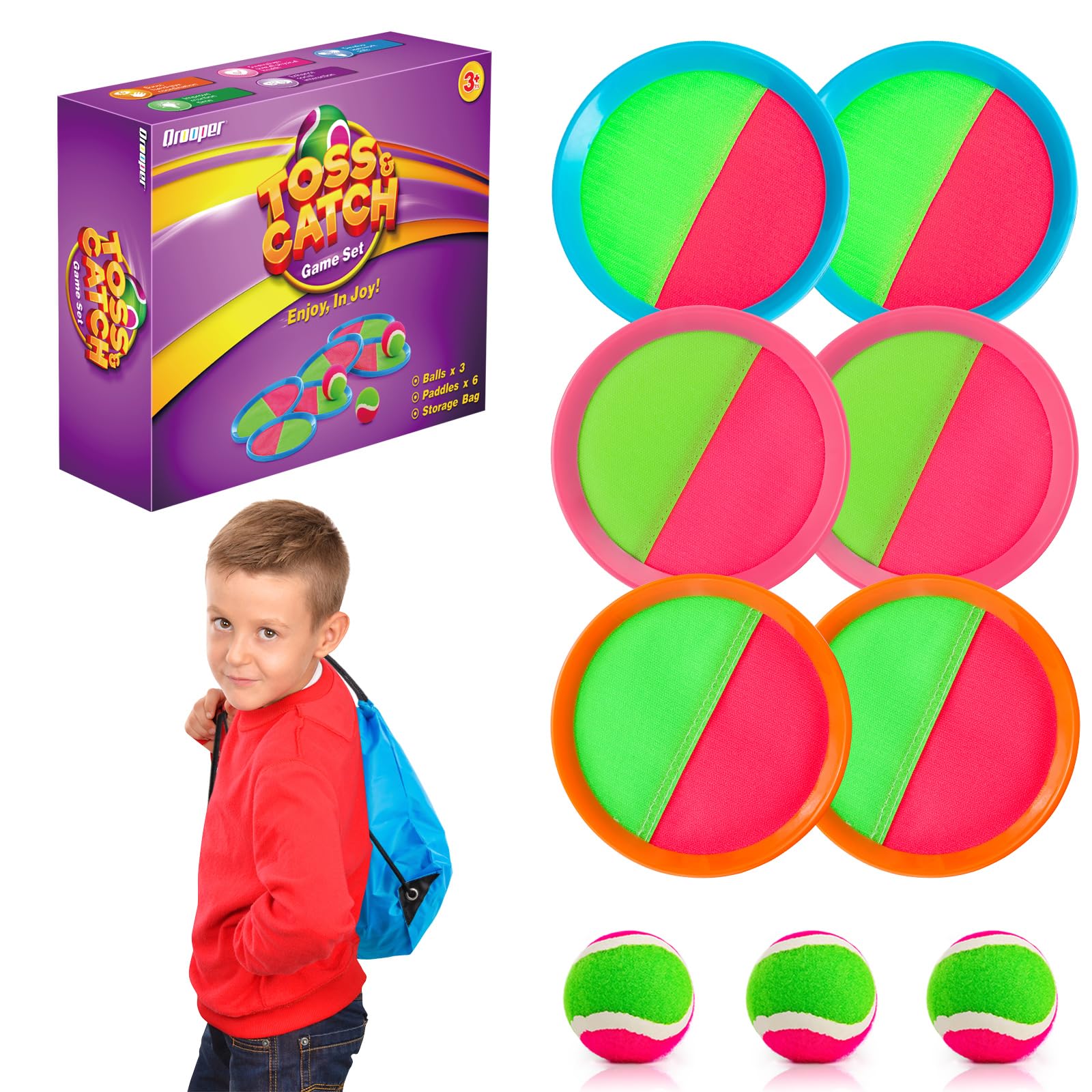 Toss and Catch Ball Set for Kids Outdoor Beach Toys Pool Toys, Catch Game with 6 Paddles and 3 Balls Outdoor Yard Games for 4-12 Years Old Boys Girls Adults