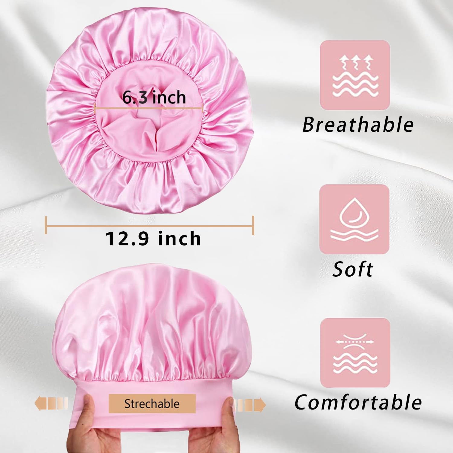 2pcs Satin Bonnets for Women, Silk Hair Bonnet for Sleeping, Wide Soft Band Large Silky Sleep Cap for Curly Hair Braids - Image 3