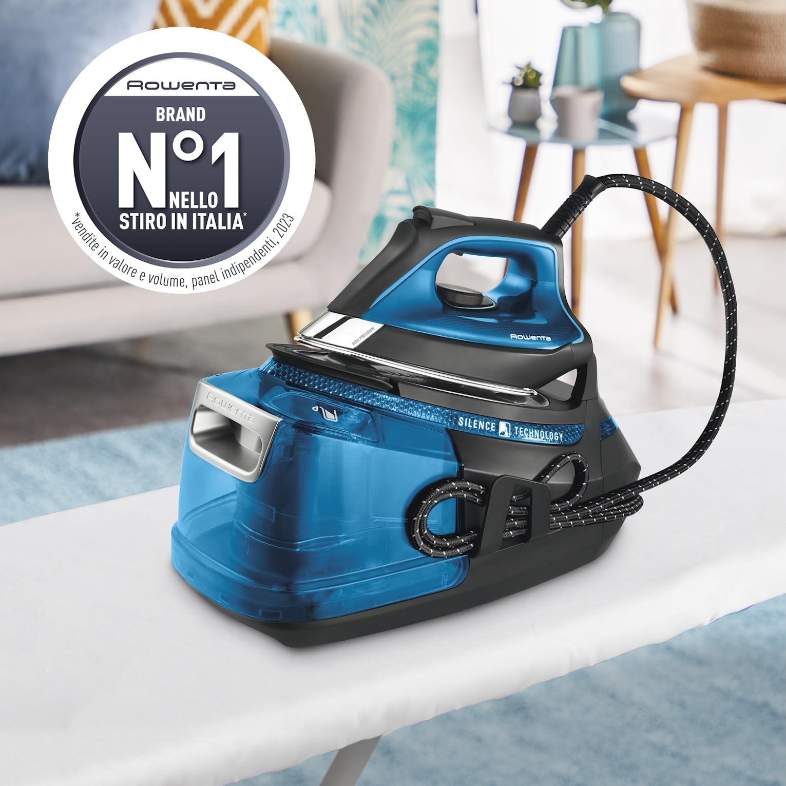 Rowenta Silence Steam Pro DG9222, Ferro da Stiro con Caldaia Silenziosa, 2800W, 1.3 L, Ferro da Stiro a Vapore 7.5 bar, 480 g/min, Colore Nero/Blu