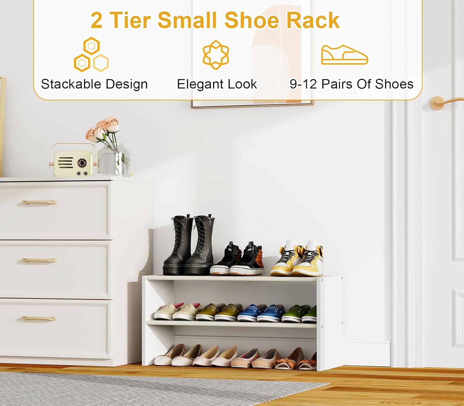 2 Pack 2 Tier Small White Shoe Rack For Closet, Stackable Shoe Shelf Organizer for 18 -24 Pairs of Shoes, Small Shoe Storage Organizer for Entryway, Hallway,Living Room, Bedroom, Size 28.5"* 11" * 13"