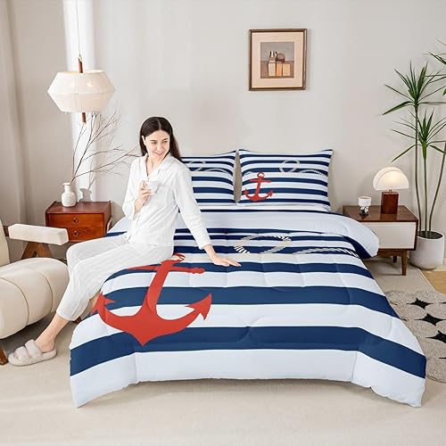 Miniatura 4 de Manfei Juego de edredón con ancla náutica para niños tamaño Twin, juego de ropa de cama con cuerda de cáñamo de rayas azules y blancas para niños,