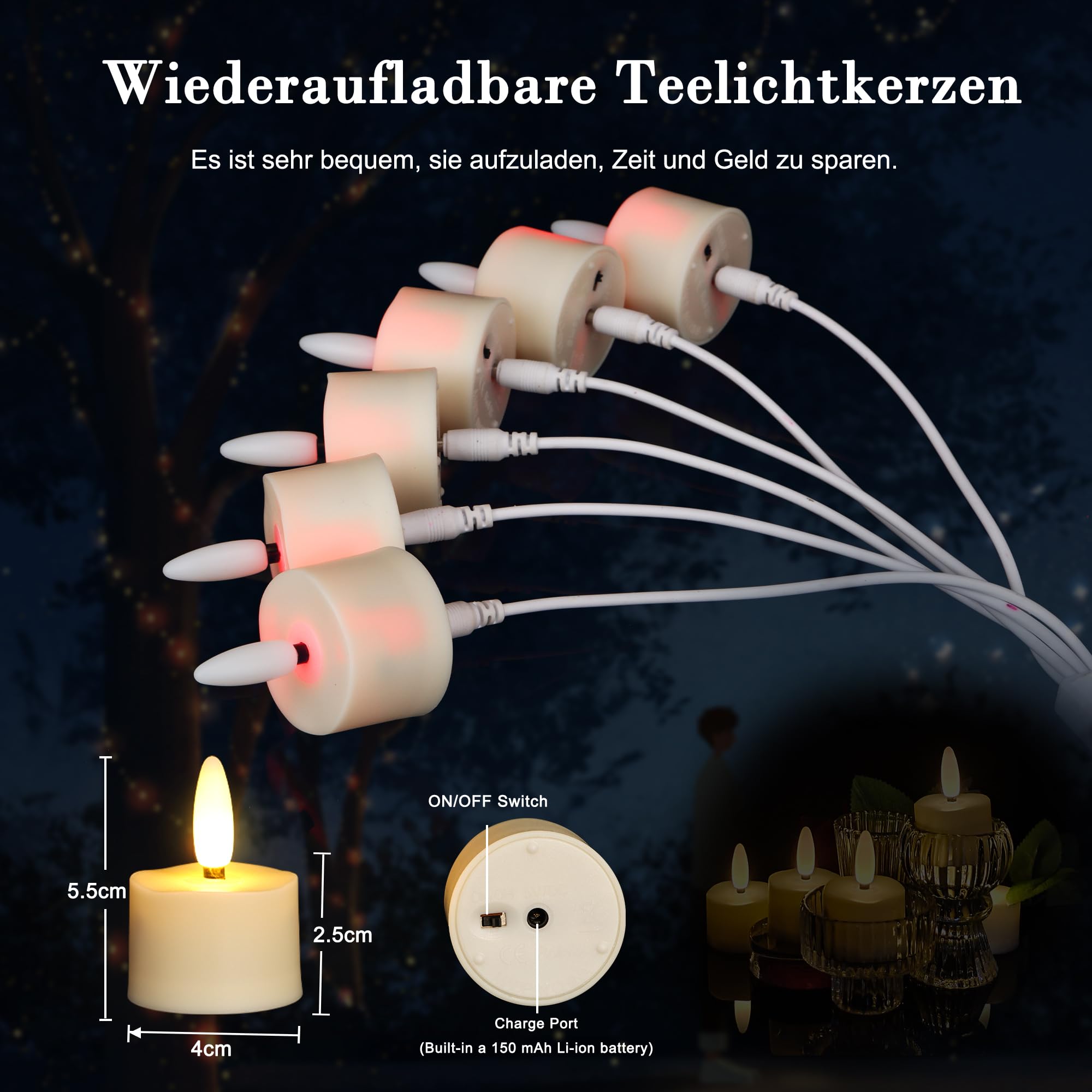 8 Wiederaufladbare LED Teelichter Mit Ladestation - D: 4cm