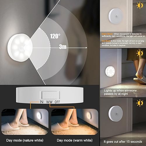 Miniatura 4 de Paquete de 6 luces para debajo del gabinete con control remoto, 16 LED de luz inalámbrica con sensor de movimiento, 3 temperaturas de color