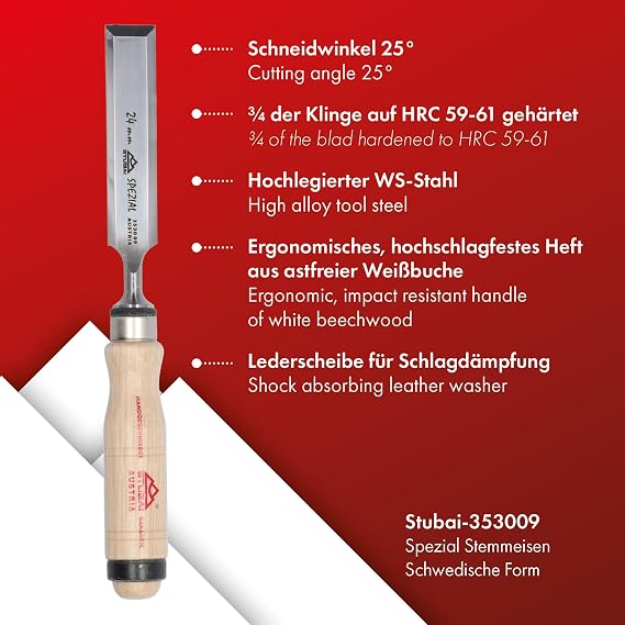 Stubai 353106Swedish Type Special Wood Chisel Set Beige/Silver 6-26 mm