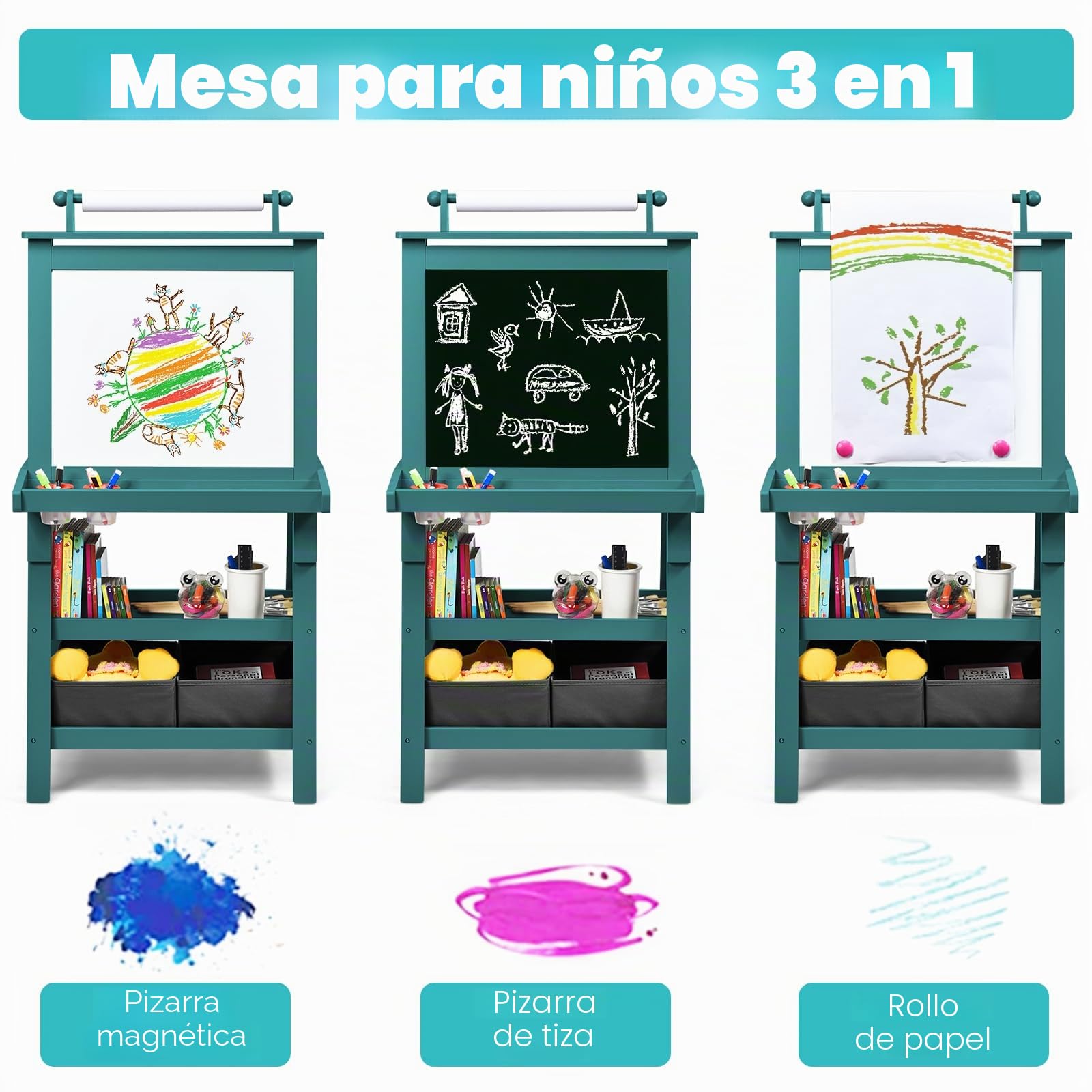 RELAX4LIFE Pizarra 3 en 1 para niños de doble cara, 56 × 43 × 117 cm (azul)