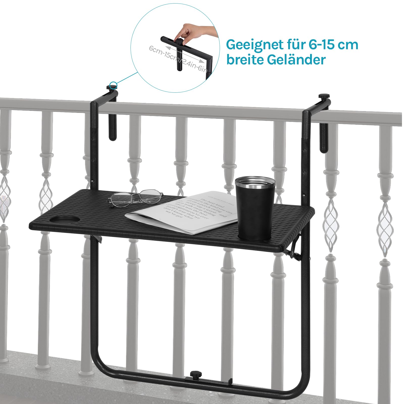 WOLTU Balkonhängetisch Klappbar, Balkontisch zum Hängen, Hängetisch für Balkongeländer, Beistelltisch Klapptisch mit 3 Höhenverstellbar, Tischplatte 60x36 cm, in Rattan-Optik, Schwarz