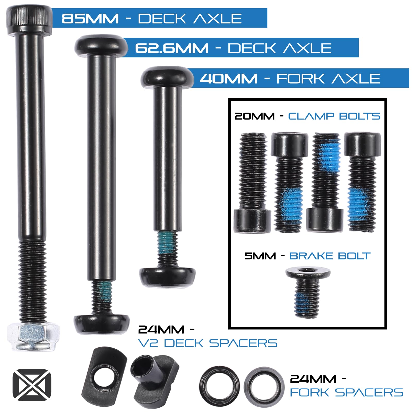 Envy Scooters Prodigy X Hardware Replacement Pack – 40mm, 62.6mm, 85mm axles, 20mm clamp Bolts, 5mm Brake Bolt Replacement pro Scooter axle (Prodigy X & Prodigy X Street)