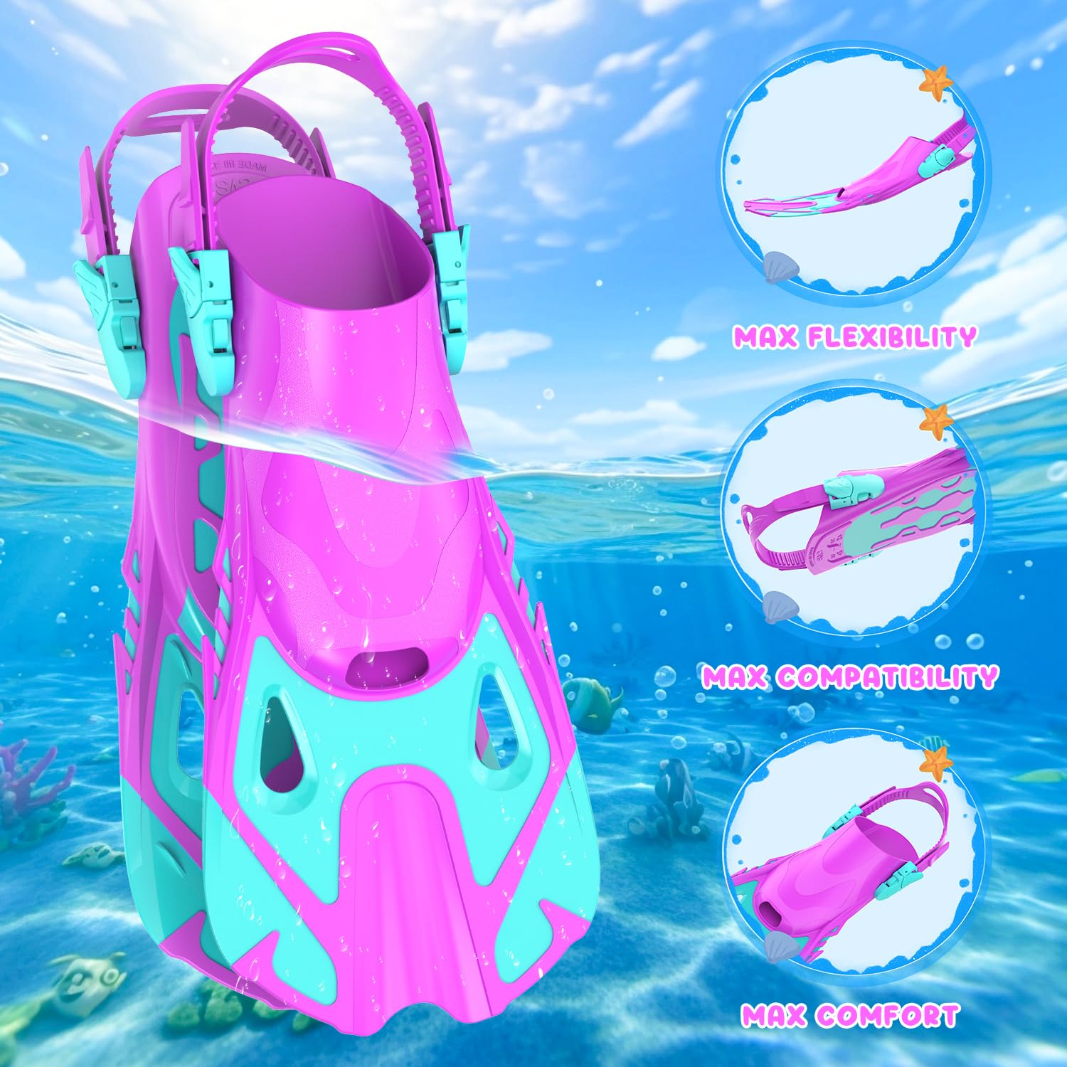 Attrezzatura da snorkeling per bambini, pinne con maschera per bambini, pinne con top asciutto, per ragazzi e ragazze dai 6 ai 14 anni, pinne da nuoto in vetro temperato, vista panoramica, pacchetti