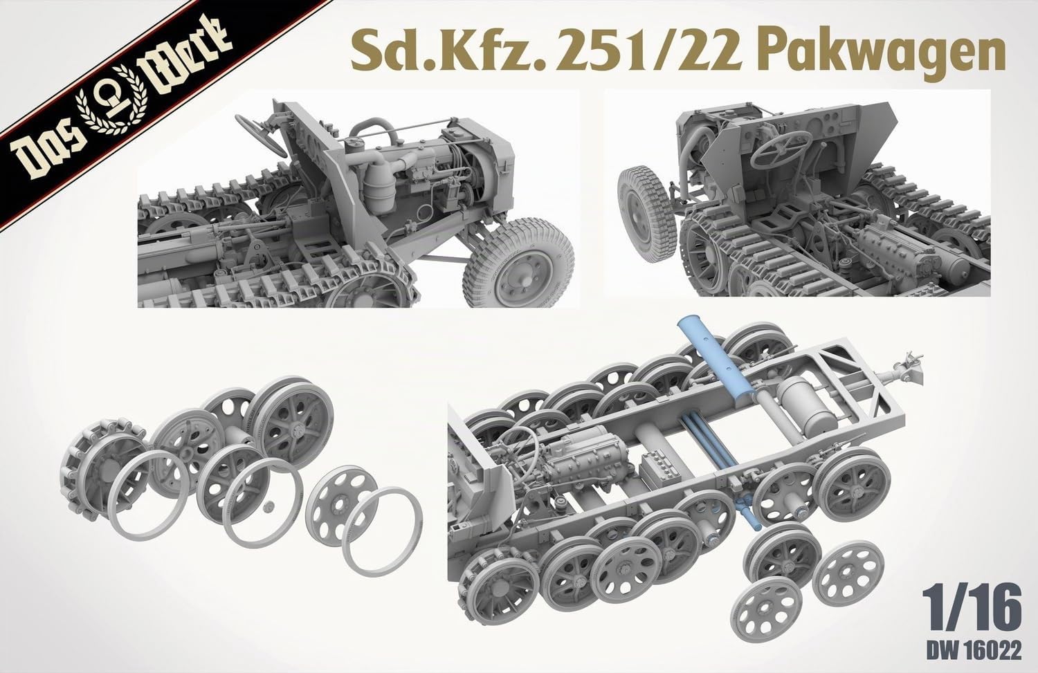 Das Werk DW16022 Sd.Kfz. 251/22 AUSF. D Pakwagen - 1:16 Modellbausatz - Halbkettenfahrzeug mit Inneneinrichtung & Motor - Ungebaut