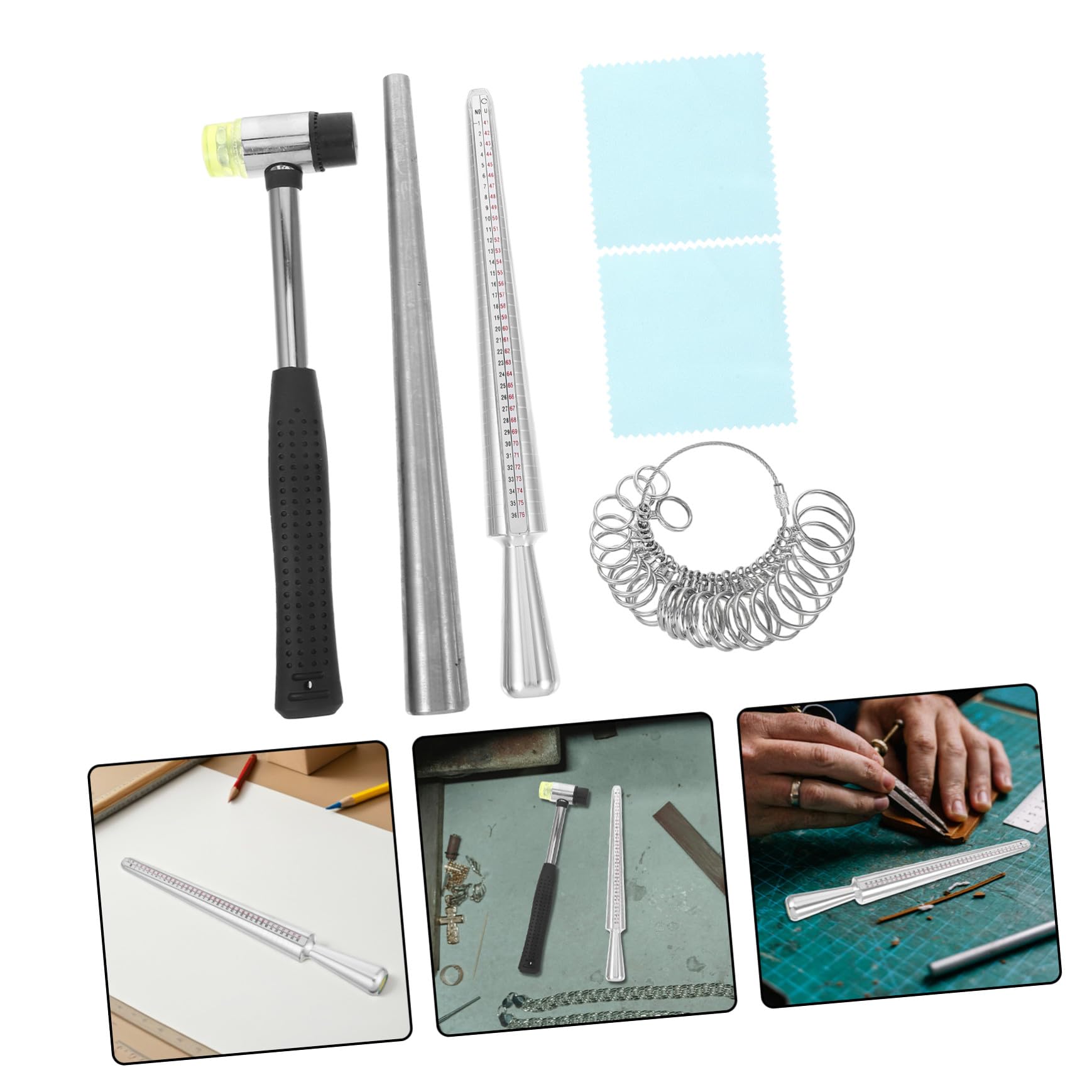 NUOBESTY Kit Strumenti Misurazione Anelli Metallo Mandrino Hobbista Fai da Te Martello Panno per Precisione Dimensionamento e Creazione Gioielli