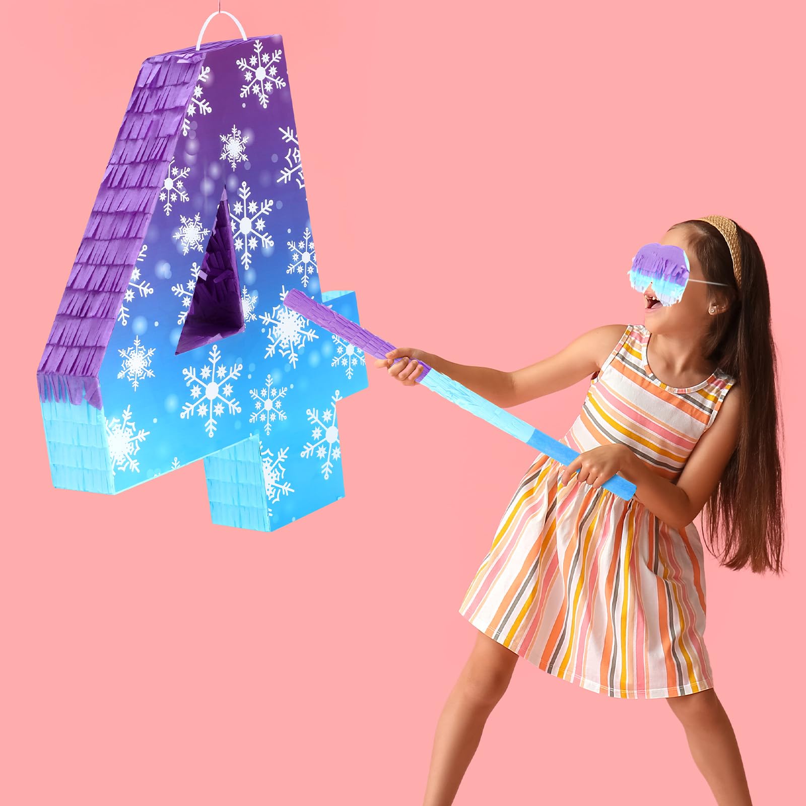 Skylety Décorations d'anniversaire en forme de flocon de neige - Piñata numéro 4 avec bâton - Bandeau pour les yeux et confettis - Décoration de fête d'anniversaire - Princesse d'hiver