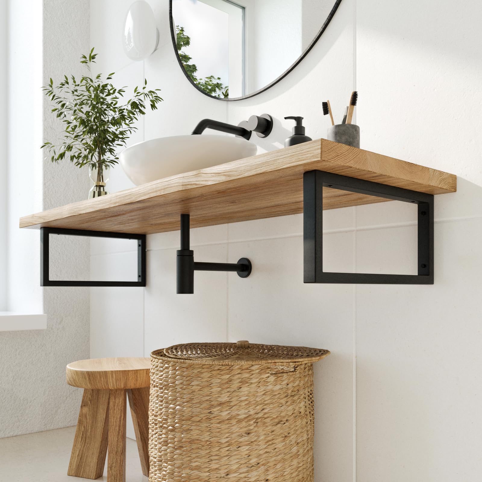 HEVVA 2er-Set Waschtischhalterung - RHEIN - Höhe 20 cm (50 cm, Schwarz) | Waschtischbefestigung, Halterung Waschtischplatte, Wandkonsole für Aufsatzwaschbecken, Waschtischkonsole, Waschtischträger