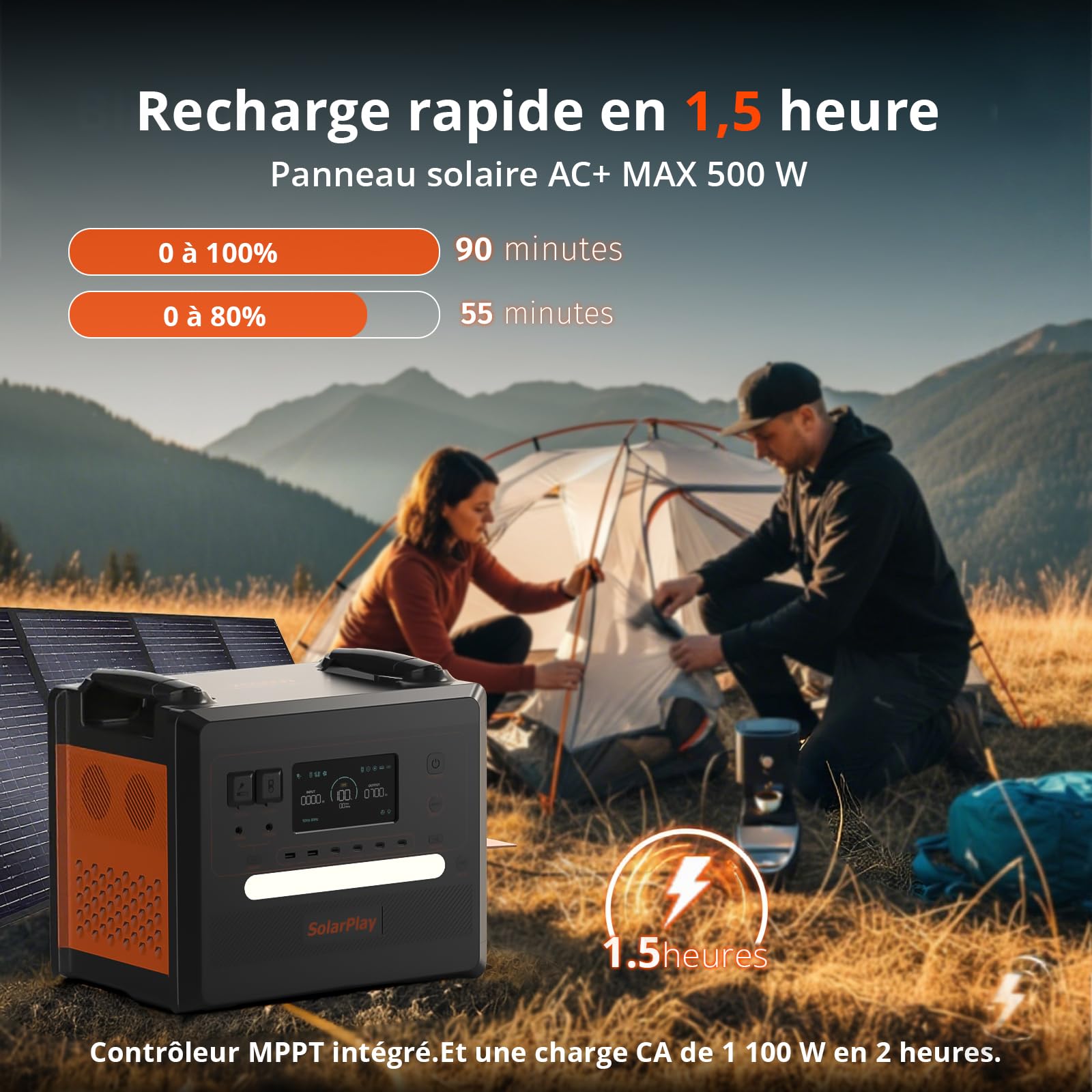 SolarPlay Q2402M Generateur Electrique Portable avec Panneau Solaire 200 W, Portable Power Station LiFePO4 2304 Wh, 2 Prises AC 230 V 2500 W, Alimentation Mobile Pour Camping, Bricolage et Comme