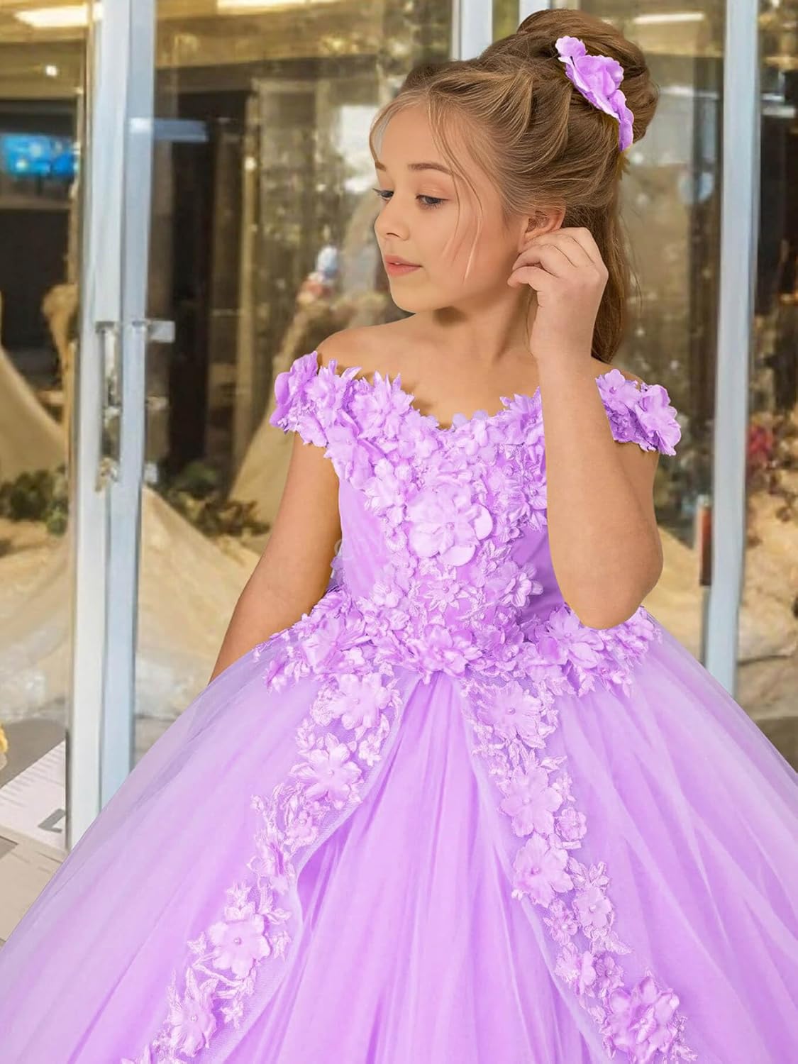 Applique Flower Girl Dress - Off Shoulder First Communion Dress for Girls Pageant Dresses