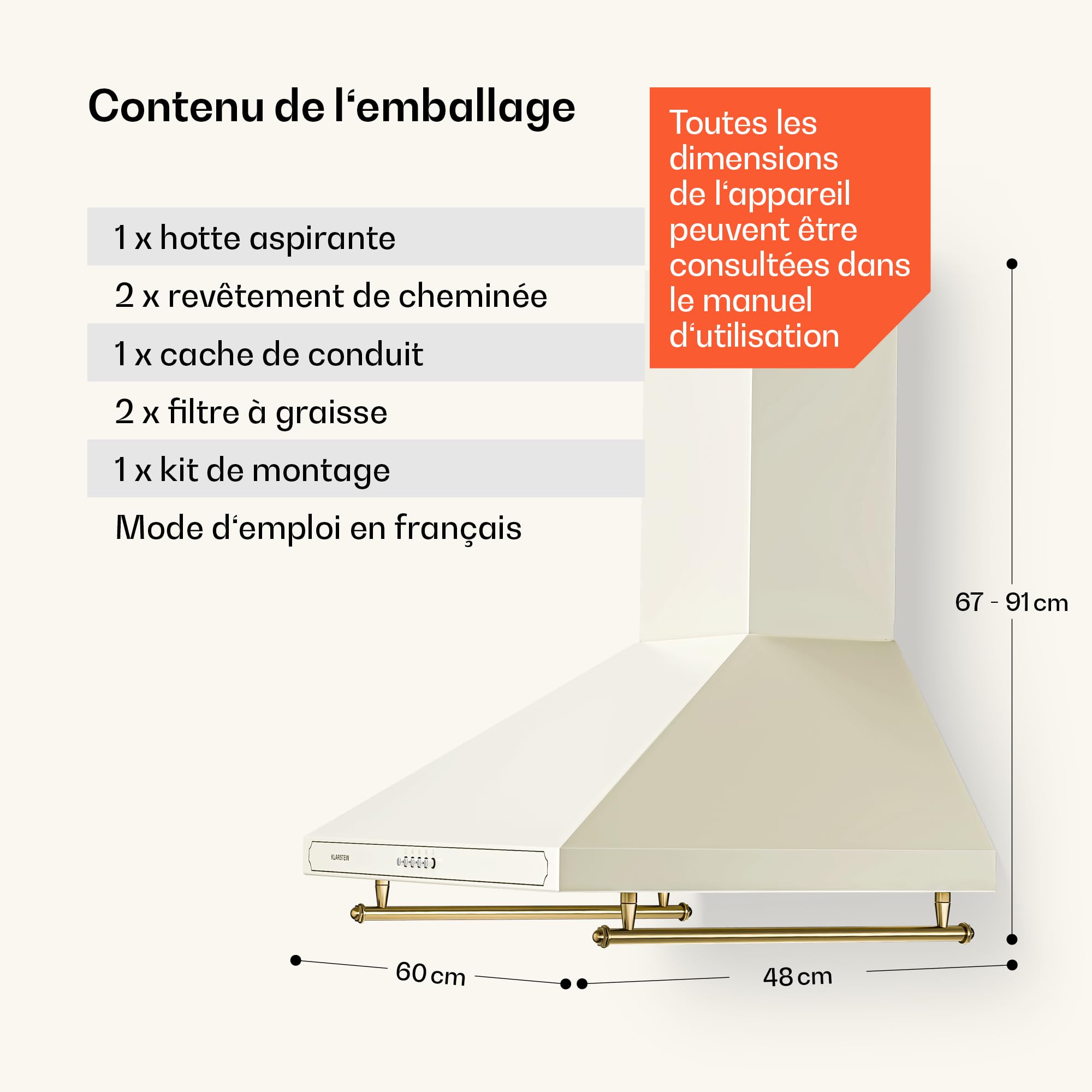 Klarstein Hotte Aspirante 60cm, Hottes de Cuisine avec Filtre de Hotte en Aluminium, Débit d'Air Puissant de 645m³/h, Eclairage LED, Extracteur d'Air Silencieux, Hotte Efficace avec Evacuation